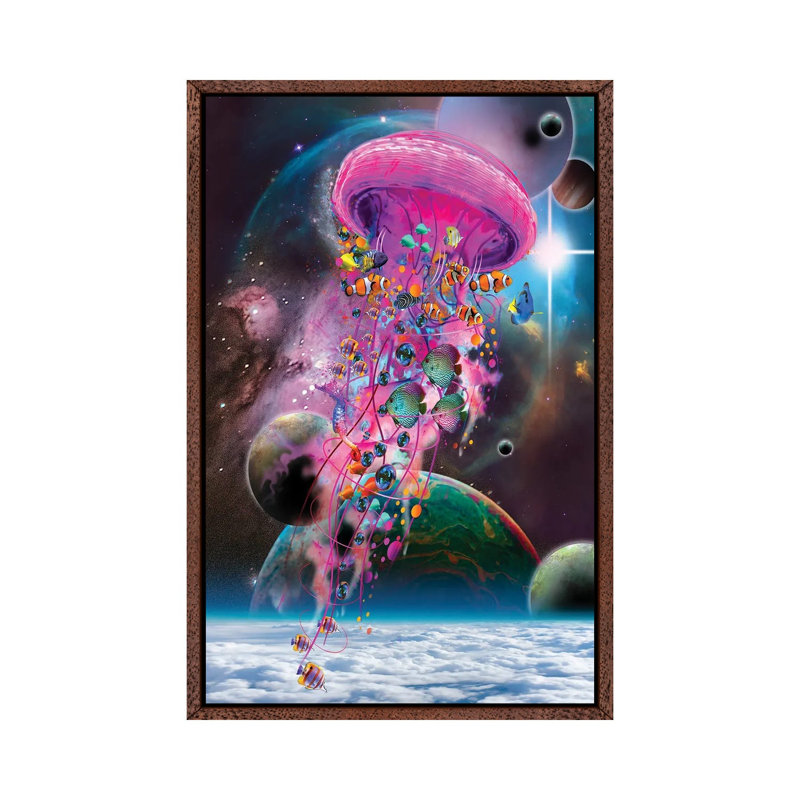 Pink Electric Jellyfish by David Loblaw - Print on Canvas, 66.04 cm H x 45.72 cm W, Classic Brown Wood Framed