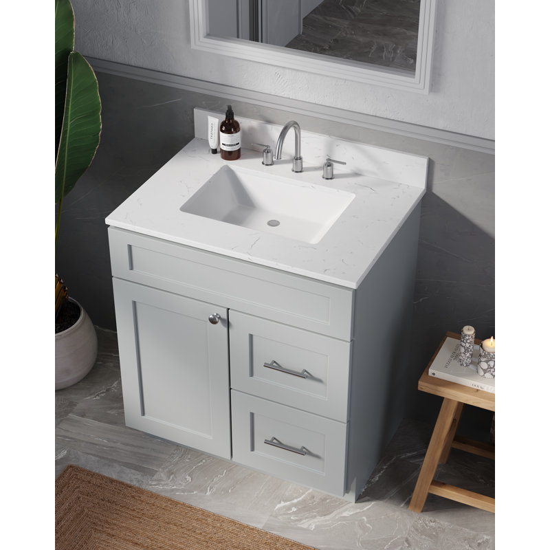 Chrisna D S R 30'' Single Bathroom Vanity Shaker Style Quartz Top Right Drawer, Gray