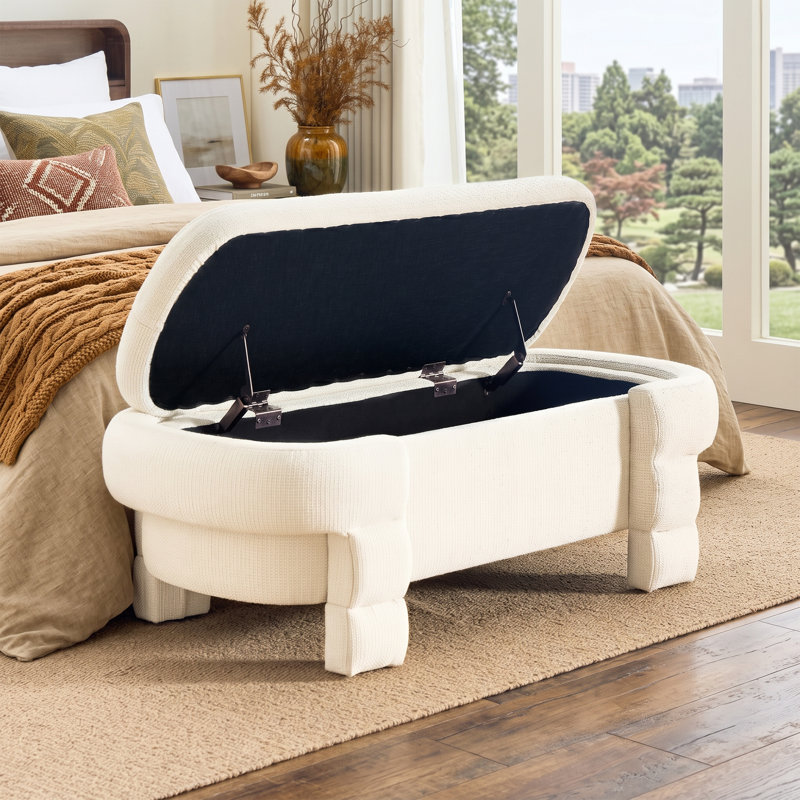 Banc de rangement ovale de 124 cm avec siège, banc à chaussures incurvé moderne et coffre à jouets pour l'entrée et le salon, beige