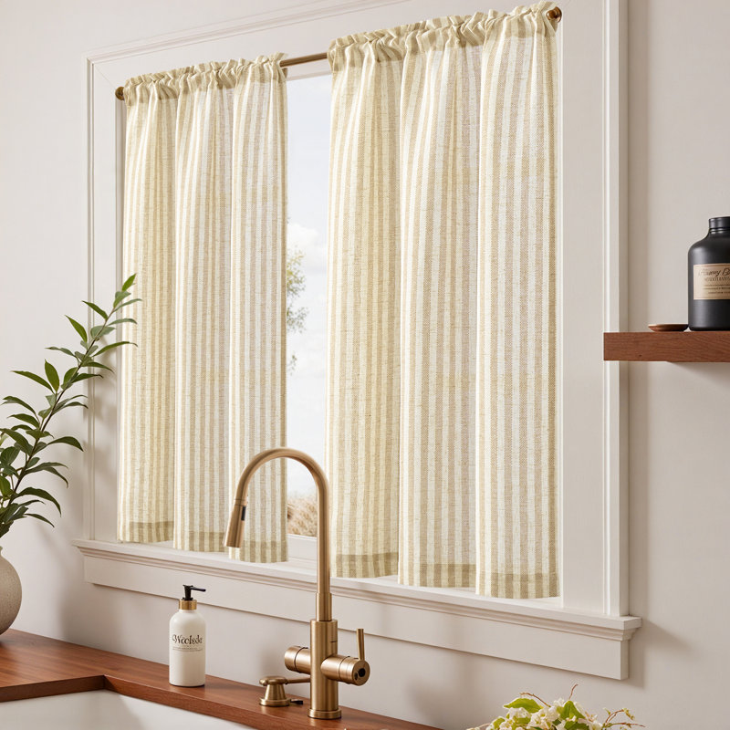 Linen Striped Kitchen Curtains Rod Pocket Tier Curtains, 26" W x 45" L, Beige