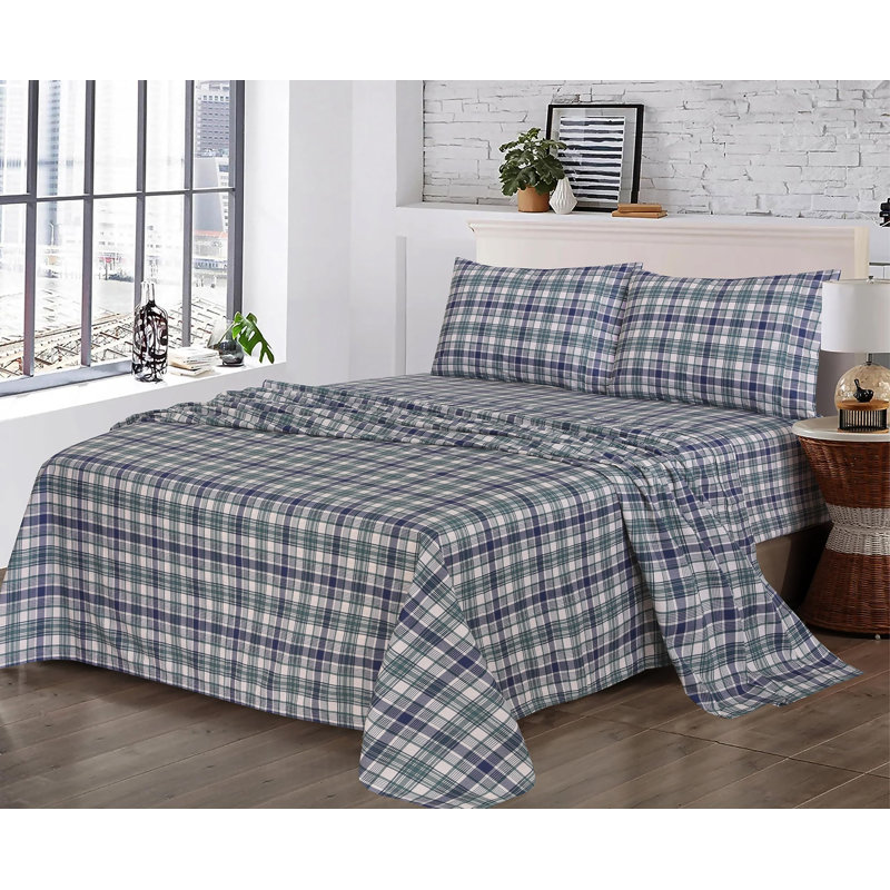 100% Cotton Sheets Sets Soft Crispy Percale Cooling Sheets 16 Inch Deep Pocket Bed Sheets, Greenish Blue Plaid