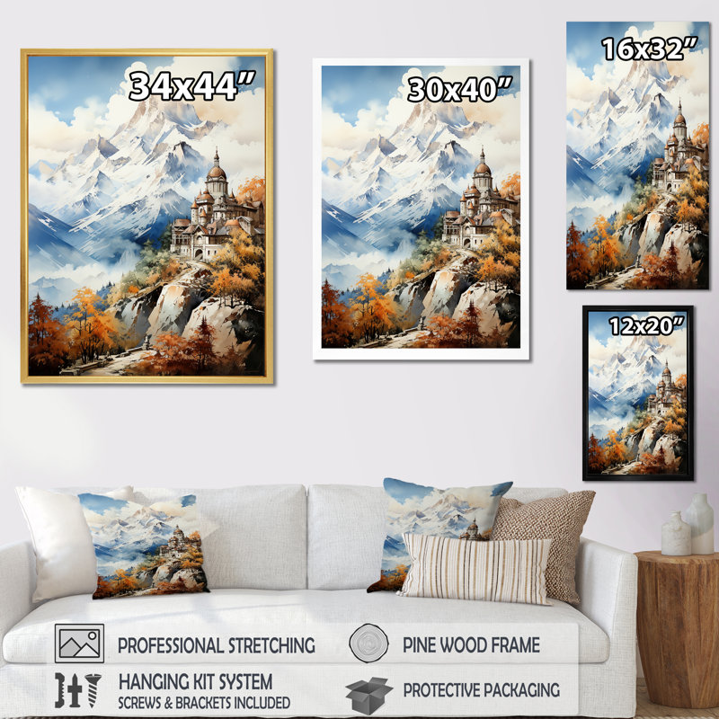Château dans les Alpes françaises sur toile, Cadre photo doré simple, H 40 po x l 30 po x P 1,5 po