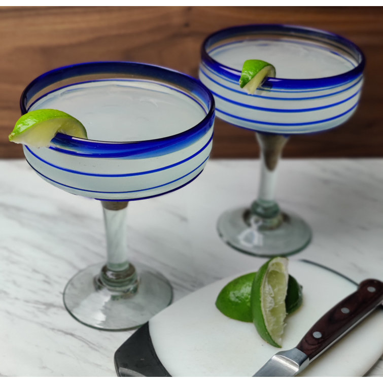 Mexican Hand Blown Glass - Hand Blown Stemless Blue Rim Margarita Glasses (14oz) (Set of 4) Longshore Tides Color: Blue
