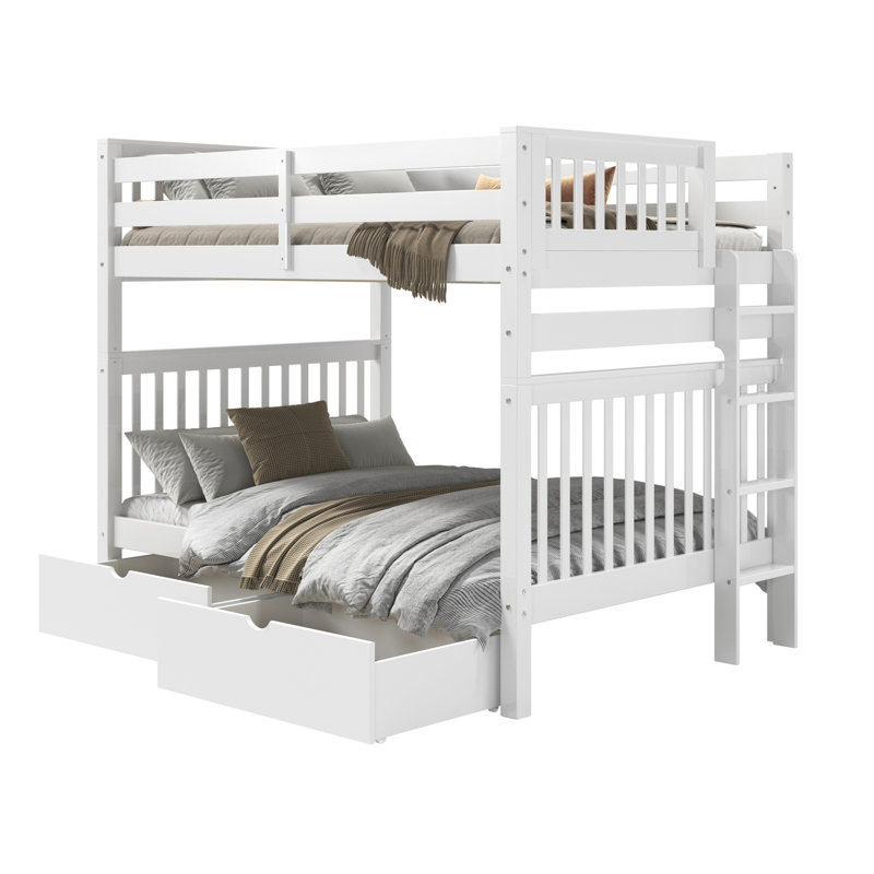 Treva Solid Wood Standard Bunk Beds Full over Full, 4 Step Ladder, 2 Under-Bed Drawers, White, White, Full over Full