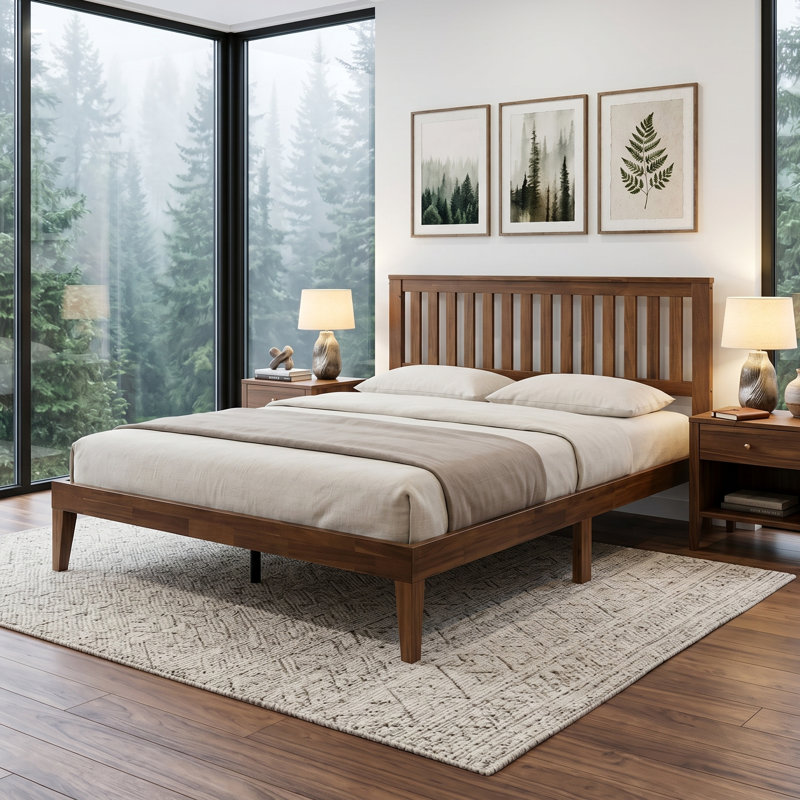 Japer Full Size Bed Frame with Headboard & Footboard, Solid Wood Platform Bed, 12 Sturdy Slatted Structure with Metal Legs, Anti-Noise & Slip-Free, Walnut Finish
