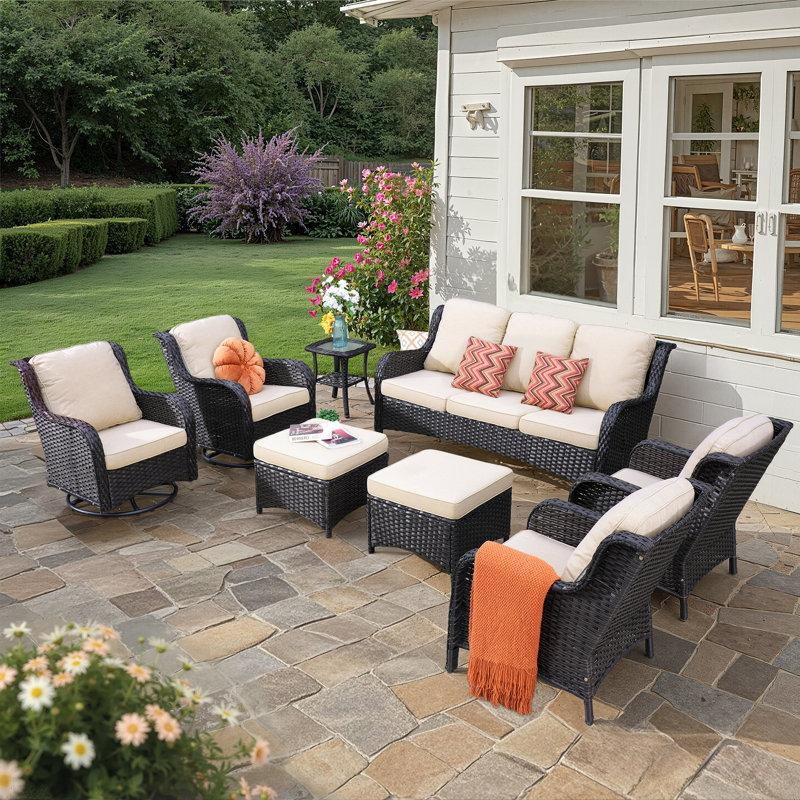 Wicker/Rattan 7 - Person Seating Group With Cushions, Beige Cushion/Brown Frame