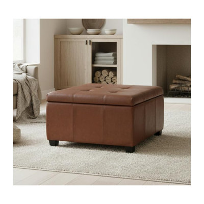 RICHMOND Square Storage Ottoman with Lift Top - Brown Faux Leather Footrest & Coffee Table