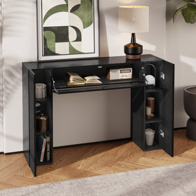 43.3" Fluted Narrow Console Table With Hidden Storage And Adjustable Shelves For Entryway, Black