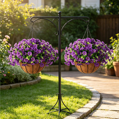 2Pcs Artificial Hanging Flowers Baskets Fake Plants for Outdoors Porch Decor, 24 Pcs UV Resistant Faux Silk Morning Glory Eucalyptus with 2 Hanging Planters Realistic for Outside Patio Outdoor