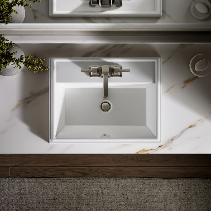 Lavabo de salle de bain rectangulaire encastré en céramique avec trop-plein Tresham®, Blanc, Central avec espacement de 4 po