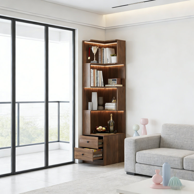 Bibliothèque d'angle avec tiroirs, étagère de présentation à 4 niveaux avec lumières DEL pour une utilisation compacte et multi-pièces