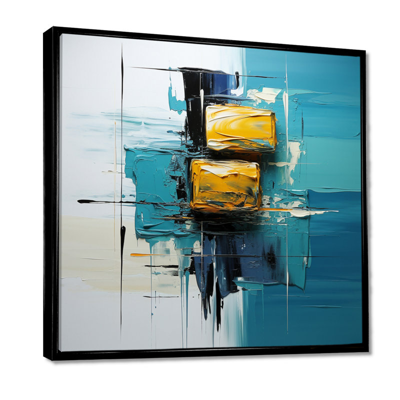 «Ebullient pensé jaune moutarde sur fond bleu», art mural abstrait, Cadre flottant noir, H 16 po x l 16 po
