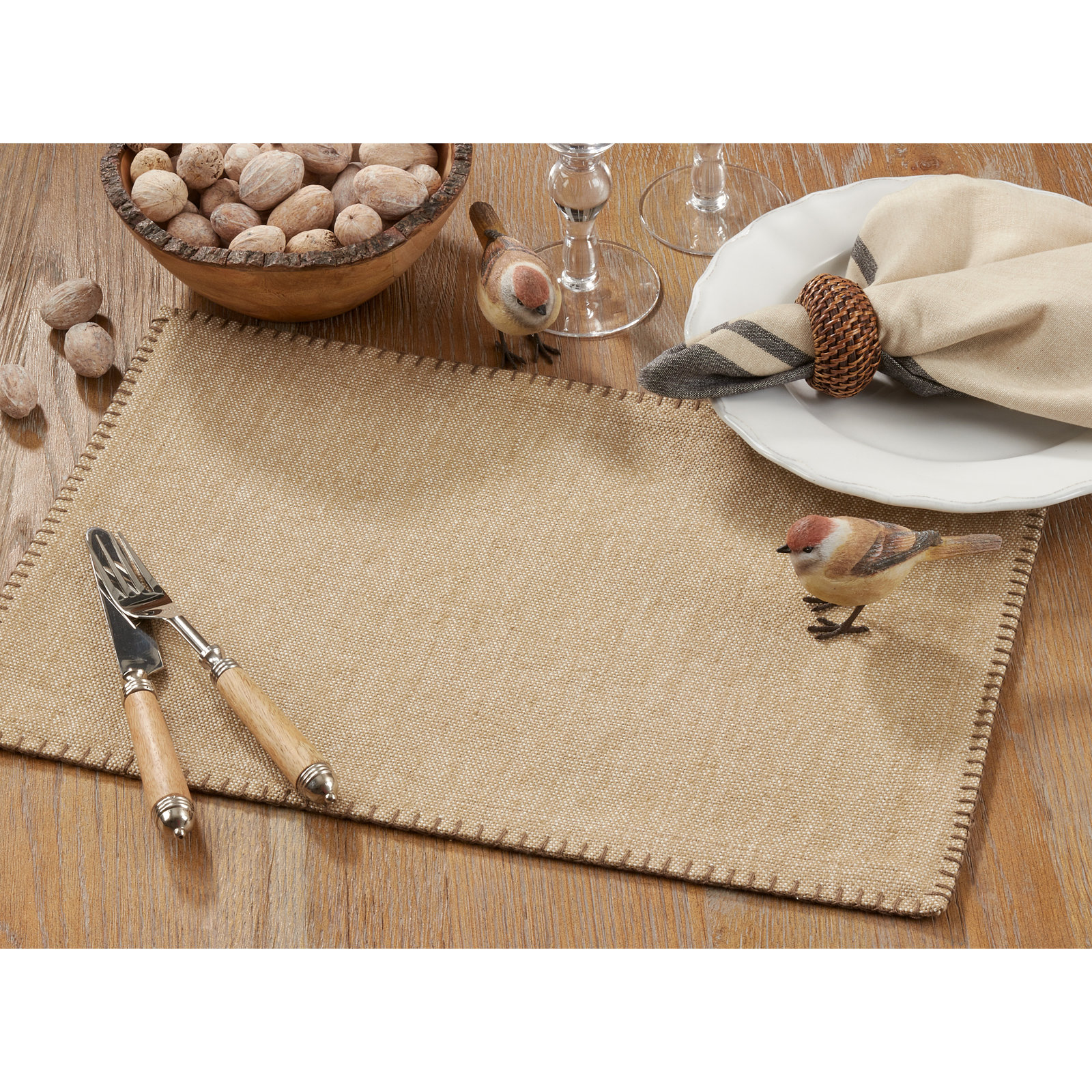 Ivara Whip Stitched Design 13" Cotton Placemat, Natural