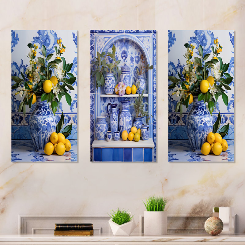 Ensemble de 3 décorations murales de cuisine grecque Still Life Kitchen I - Boho Pottery, H 28 po x l 36 po, Toile tendue