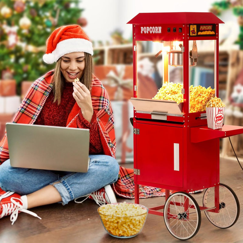 Machine à maïs soufflé commerciale, chariot à machine à maïs soufflé avec bouilloire en acier inoxydable de 8 oz pouvant contenir jusqu'à 32 tasses