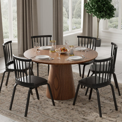 7 Pieces Modern Farmhouse Round Dining Set with Mid-century Windsor Chair Set for 6