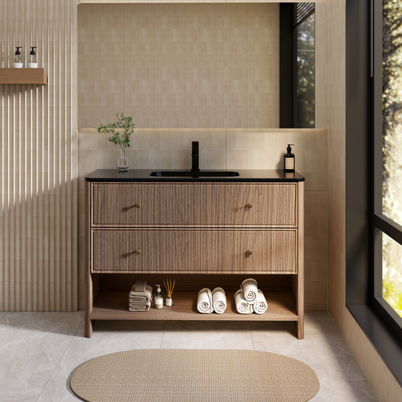 Meuble-lavabo simple autoportant de style ferme moderne de 48 po avec comptoir en R, grand coin en R, tiroirs à fermeture douce sous plan, poignées en laiton brossé