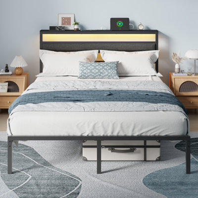 Queen Bed Frame with LED Light and Charging Station, Metal Frame with Upholstered Headboard, Large Storage Space, No Box Spring Needed