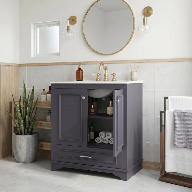 Meuble-lavabo de luxe 30 po avec lavabo en céramique, armoire de rangement en bois massif avec 2 grandes portes à fermeture douce