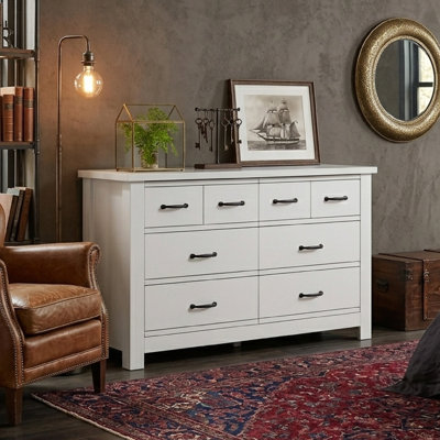 Nori 51 Inch Wide Dresser, 6 Drawers With Split Top, Black Handles, White