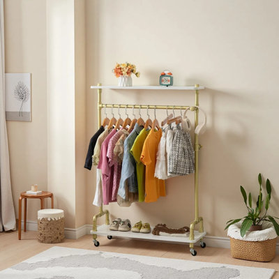 Kids Clothing Racks,Child Dress Up Racks With  Storage Shelf, Metal Pipes Costumes Garment Hanging Racks,Small Rolling Clothes Racks,Freestanding And Portable Heavy Duty Kids Closet,Gold