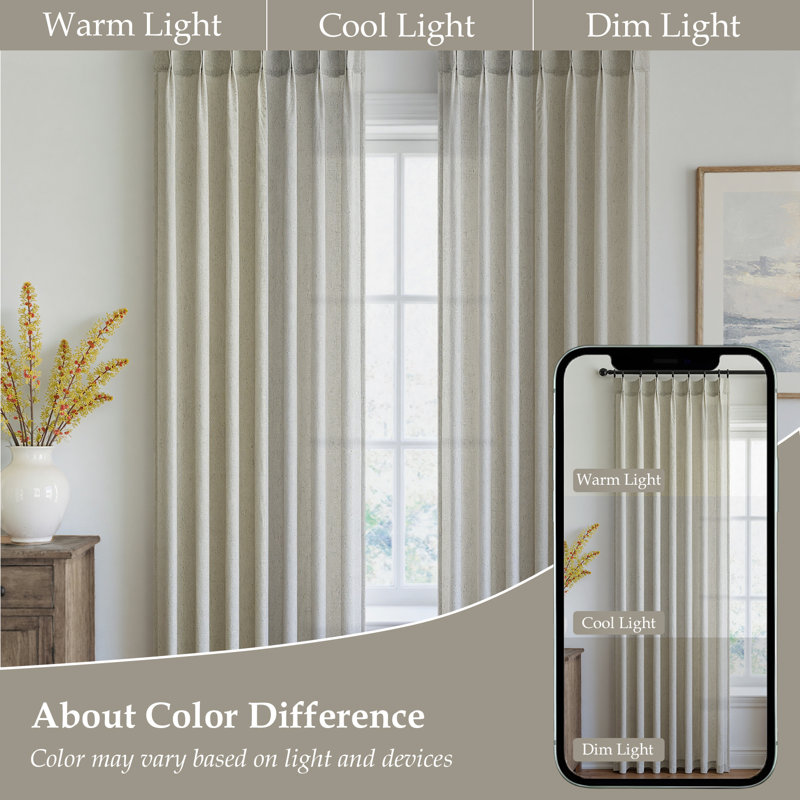 Pleated Linen Curtains, Semi Sheer Light Filtering Pinch Pleat with Hooks and Rings,Back Tab Drapes,Set of 2, 40" W x 96" L