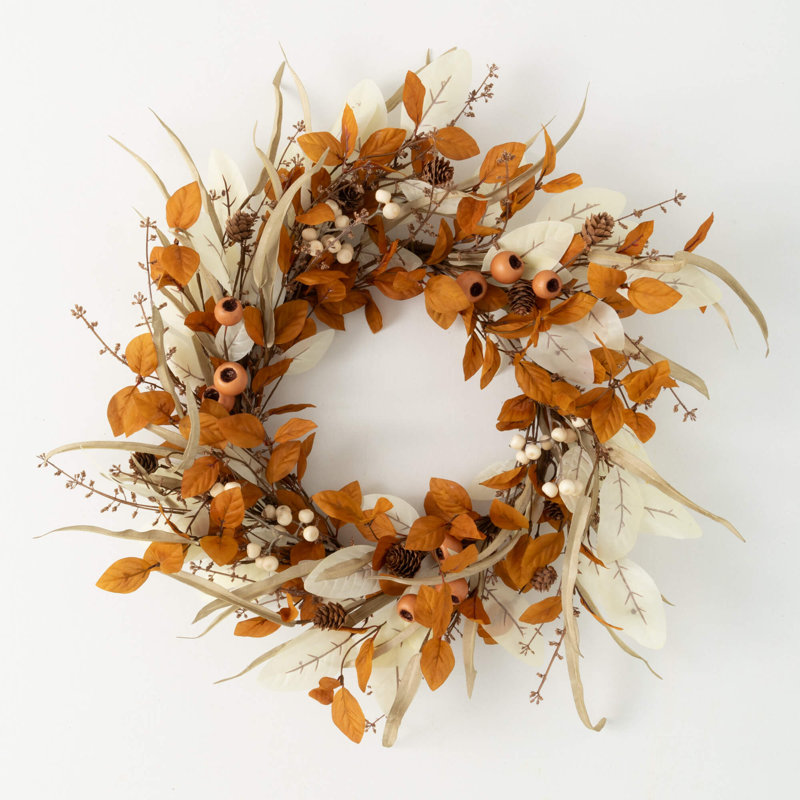 24" Artificial Mixed Foliage Fall Wreath, Brown
