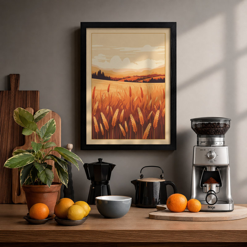 Golden Wheat At Dusk Rustic - Print, A1 - 84.1 x 59.4 cm, Black