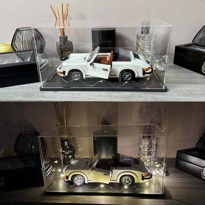 Clear Acrylic Display Case For Lego 10330 10295 42176 10337 42170 75376 Collectibles, Transparent Box Dustproof Protection With Wood-Plastic Base & String Light, Black Inside 15.7X7.9X7.9In