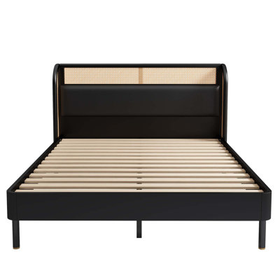 4 Pieces Modern Cannage Rattan Platform Queen Bed + Nightstand*2+ Dresser, Black
