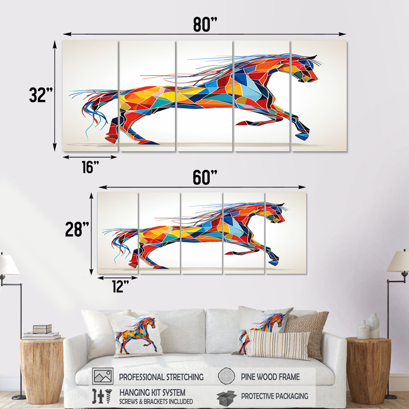 "Cheval au galop", art mural 5 pièces, H 28 po x l 60 po