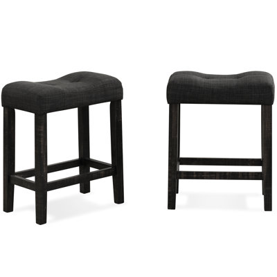 2 Counter Height Saddle Stools In Gray, Button With Ample Seat And Footrest Cushions, Solid Rubberwood Frame Gray Design, Cushy Padding, Wood