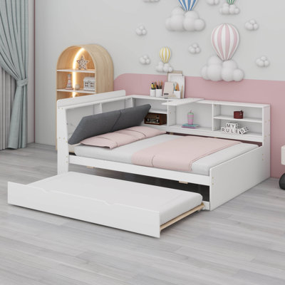 Full Size Daybed With Trundle And Storage Headboard, Wood L-Shaped Daybed With Shelves by Latitude Run