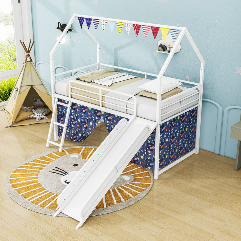 Metal House Twin Loft Bed With Slide, Curtain Set, Guardrails And Ladder, White Blue