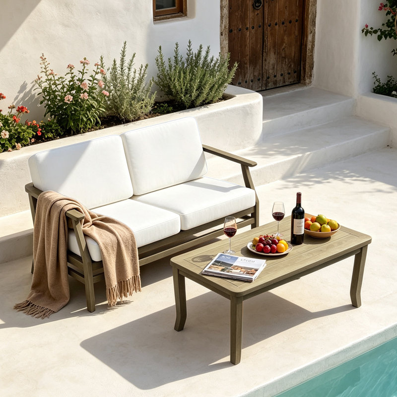 Ensemble de patio extérieur en teck pour deux personnes avec coussins et table d'appoint Polett, Beige, Brown