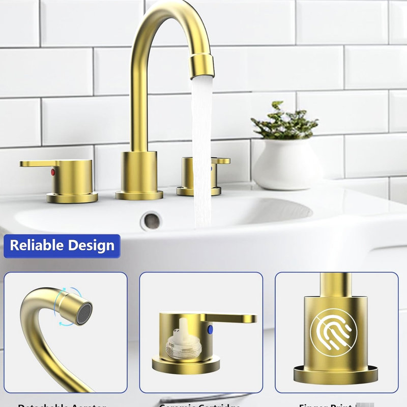 3 Hole 8 Inch Lavatory Faucet 2 Handle, Brushed Gold, 360 Rotating Spout, Drip - , Water Saving Aerator, For Rv And Laundry Room Widespread Rotatable Cartridge, Saving, Public