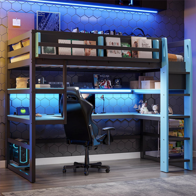Lit plateforme mezzanine bleu profond, construction en bois avec bureau intégré, rangement et éclairage RVB, Twin