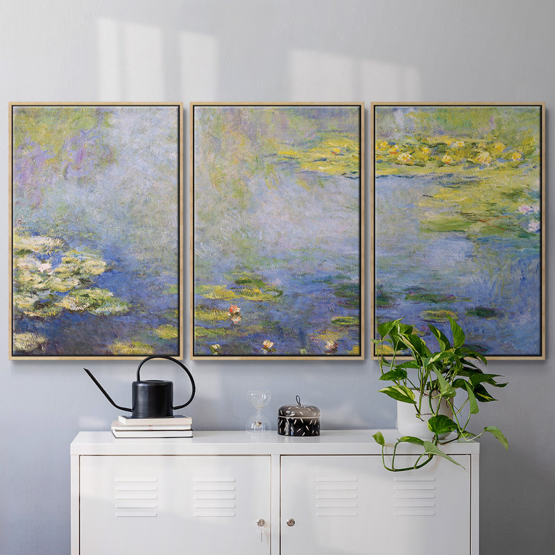 " Waterlilies " 3 - Pieces, 36" H x 75" W x 2" D, Natural