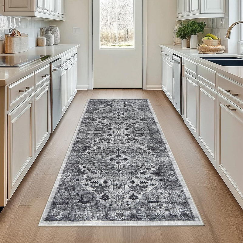 Entryway Runner Rug, Washable Vintage Low Pile Stain-Resistant, Non-Slip Soft Thin Carpet for Kitchen, Bedroom, Bathroom (Grey)