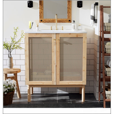 Meuble-lavabo de 30 pouces fabriqué à partir de matériaux naturels, avec des portes en rotin faites à la main et des mécanismes de fermeture en douceur