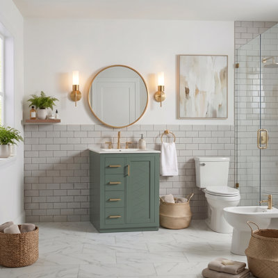 24" Modern Blue Bathroom Vanity with Integrated Sink, Geometric Textured Door, Soft-Close Hardware & Gold Handles