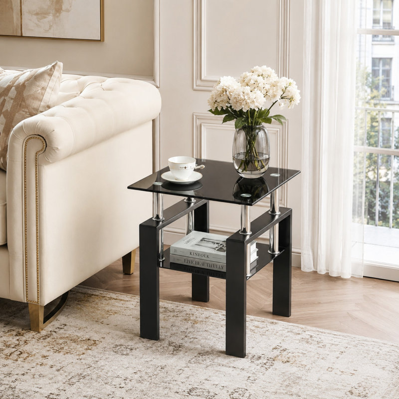 Ensemble de tables de bout carrées en verre avec tablette de rangement, Dessus noir et pieds noirs
