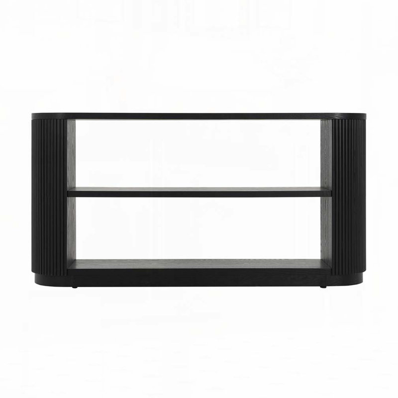 Contemporary Oval Console Table with Ribbed Sides and Two Spacious Open Shelves, Black