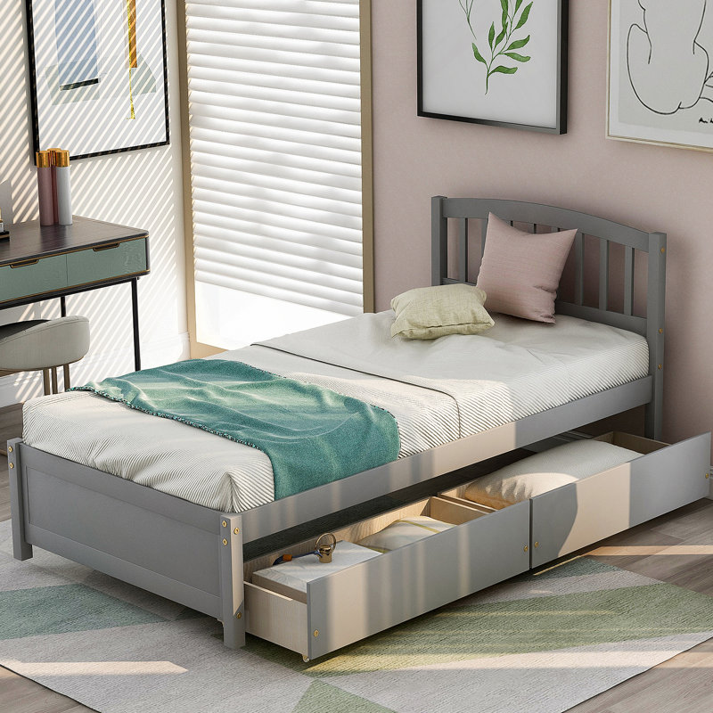 Base de lit plateforme en bois avec deux tiroirs et tête de lit, Gris