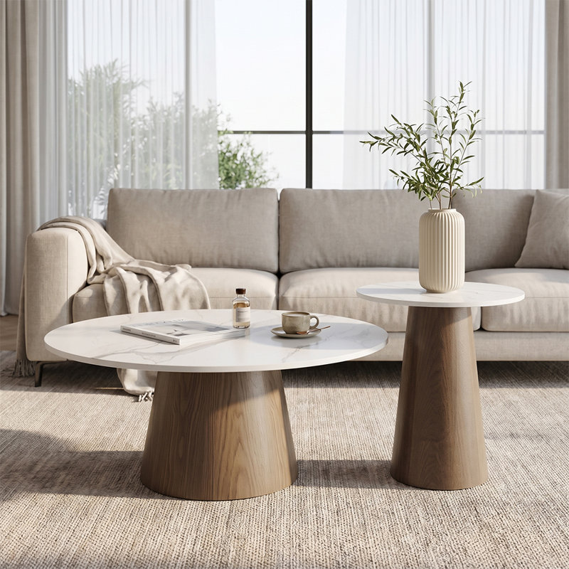 Table basse Mid-Century, H 17,2 po x l 31 po x P 31 po, Neige brillant / noyer foncé