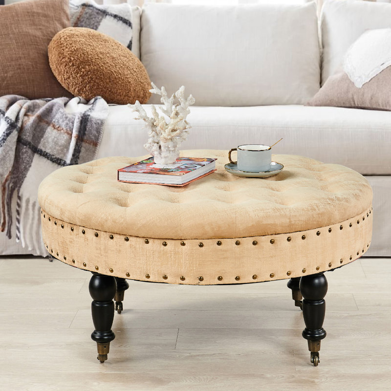 Repose-pieds de cocktail rond en velours 34 po Laforge, Velours beige amande