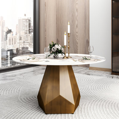 53" White Round Dining Table With Sintered Stone Surface And Metal Base, Modern Look For Room & Living Area, Scratch Easy To Wipe Clean 53.31 In. 6 Seats, Stable Style Home, Heat , Scratch-, Low