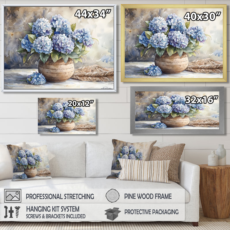 Hydrangeas In A Dreamy Setting I - Hydrangea Large Wall Art, 12" H x 20" W, Floater Framed Print, Cream