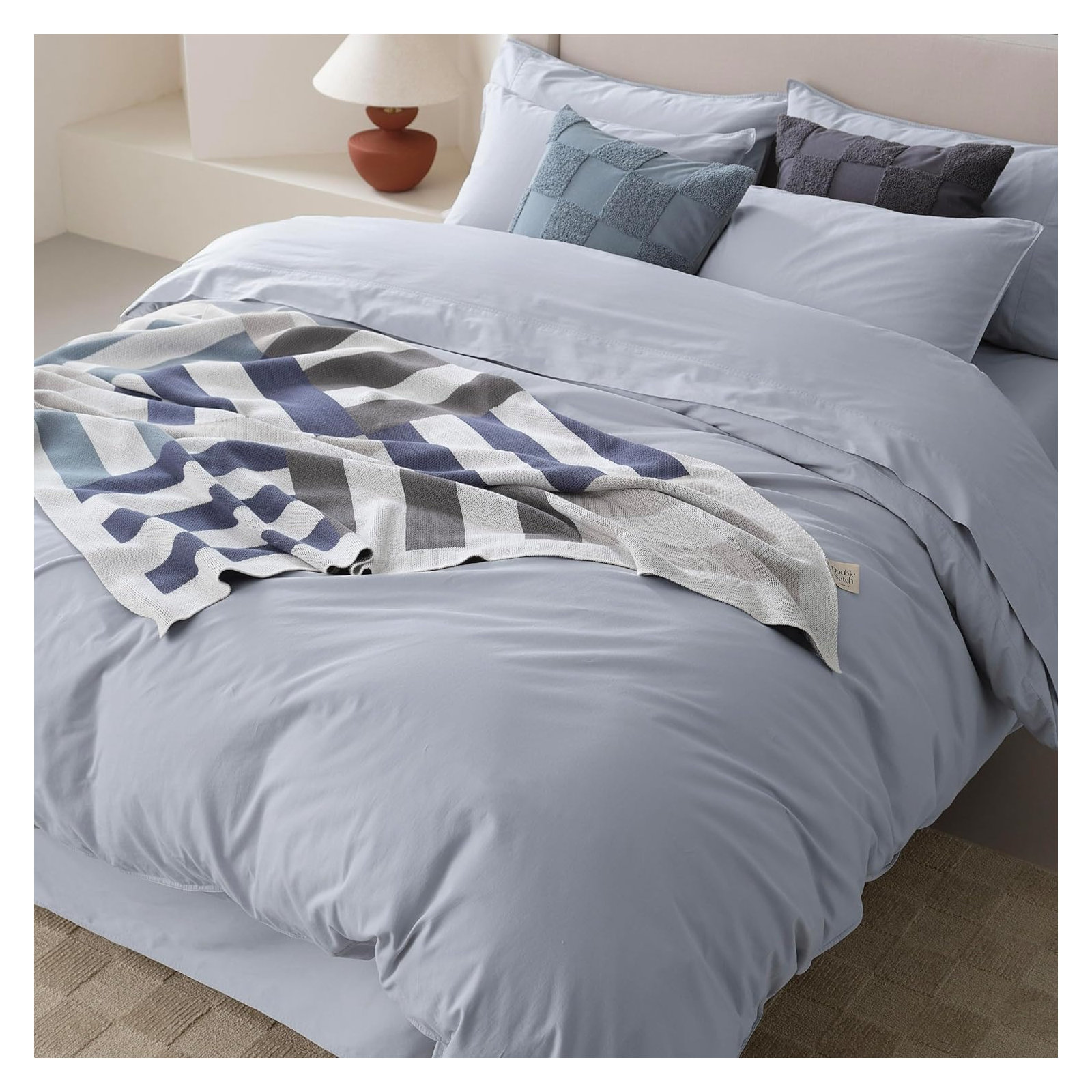 Double Stitch Cotton Solid Duvet Cover, Queen Duvet Cover + 2 Pillow Shams, Plein Air