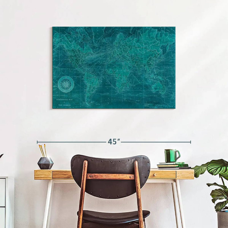 Mappemonde azur antique, H 24 po x l 36 po